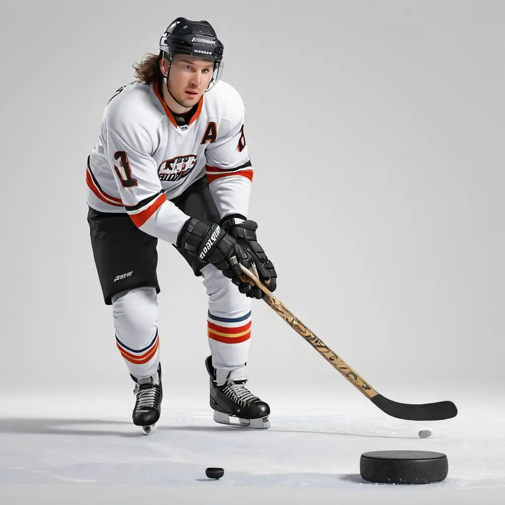 Realistic Illustration of a Hockey Player with Stick and Puck on White Background