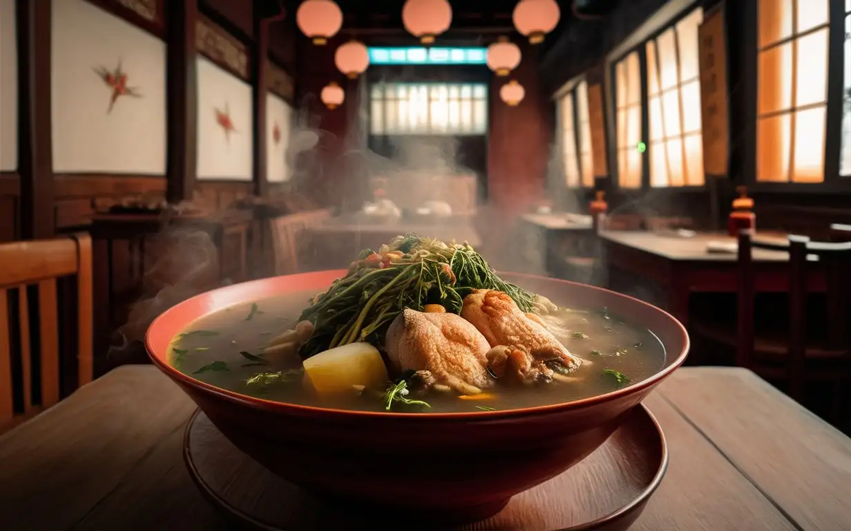 A bowl of nourishing medicinal chicken soup in a restaurant with traditional Chinese medicine characteristics, photographed in a traditional style, with warm lighting, a frontal shot, and a composition full of traditional and healthy vibes, showcasing the nourishing effects of the medicinal dish