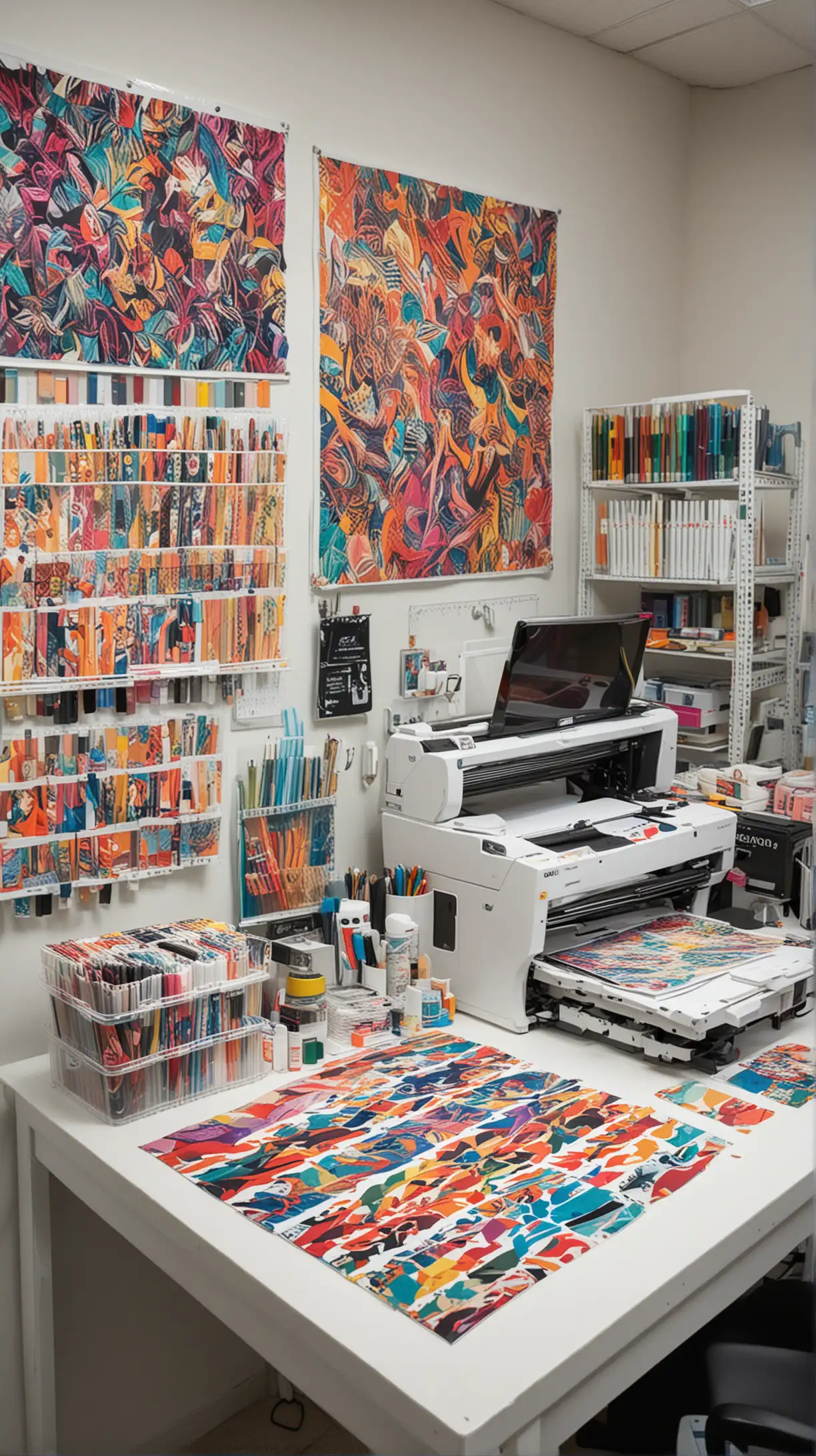 A well-organized workspace for sublimation, featuring colorful abstract patterns, sublimation tools, and various acrylic items. The workspace includes a sublimation printer, heat press machine, pens, markers, and acrylic bookmarks, all showcasing vibrant sublimation designs. The atmosphere is bright and creative, highlighting the tools and materials used in the sublimation process. Ensure no humans, animals, or images of living creatures are present.