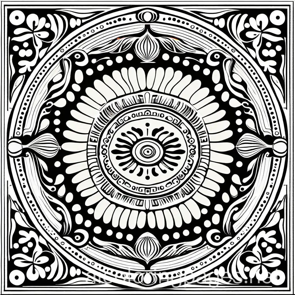 Square mandala with mushrooms, Coloring Page, black and white, line art, white background, Simplicity, Ample White Space. The background of the coloring page is plain white to make it easy for young children to color within the lines. The outlines of all the subjects are easy to distinguish, making it simple for kids to color without too much difficulty