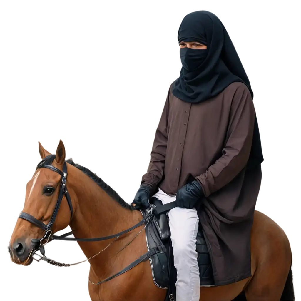 Shia imam Muslim horse rider covered face with gloves on hands full body 