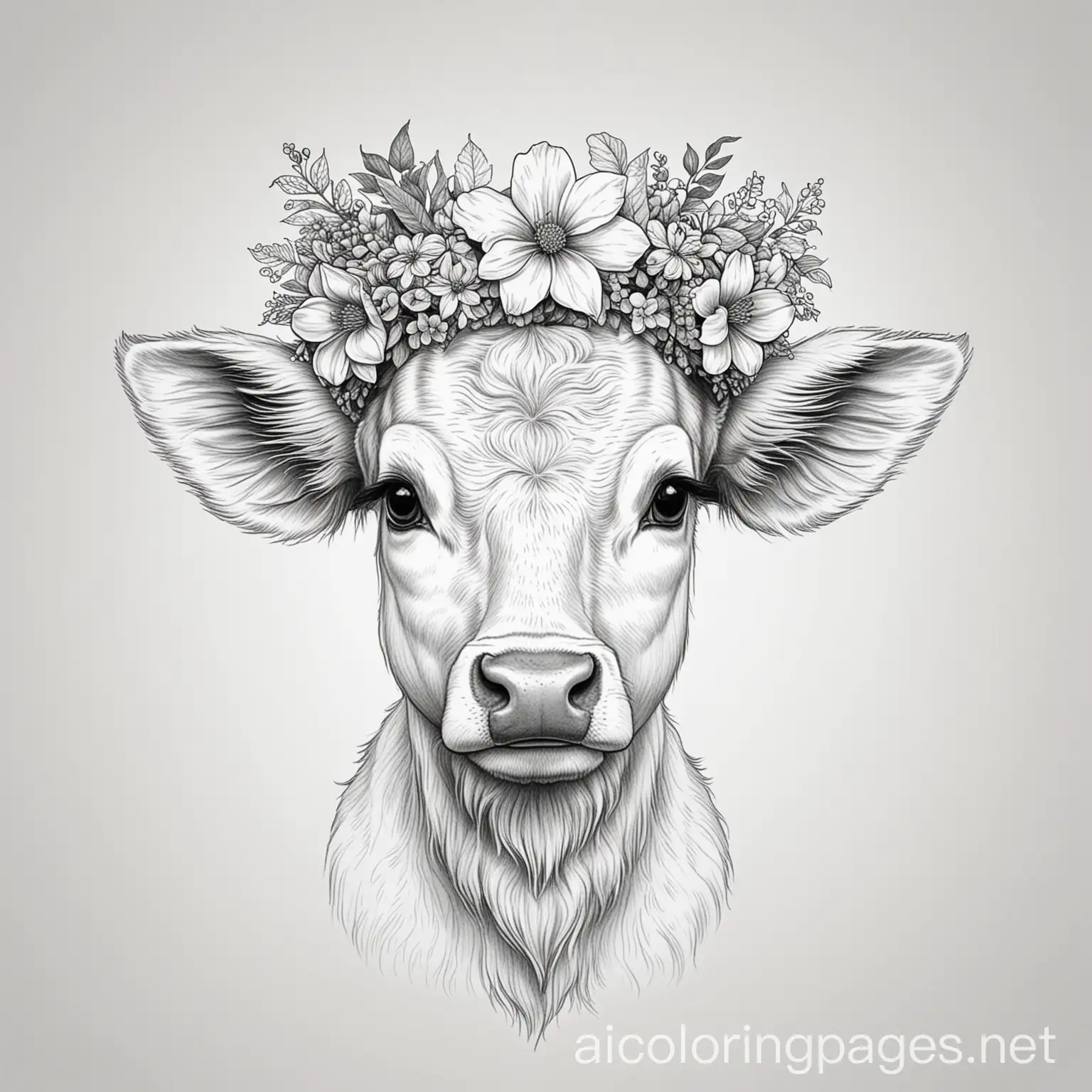 calf wearing flower wreath crown coloring page, Coloring Page, black and white, line art, white background, Simplicity, Ample White Space. The background of the coloring page is plain white to make it easy for young children to color within the lines. The outlines of all the subjects are easy to distinguish, making it simple for kids to color without too much difficulty