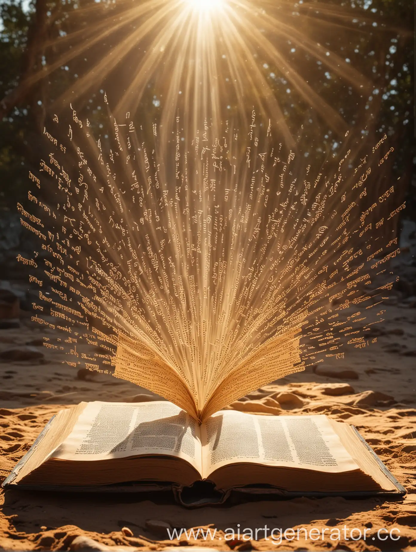 Раскрытая книга под лучами солнца из который вылетают буквы санскрита