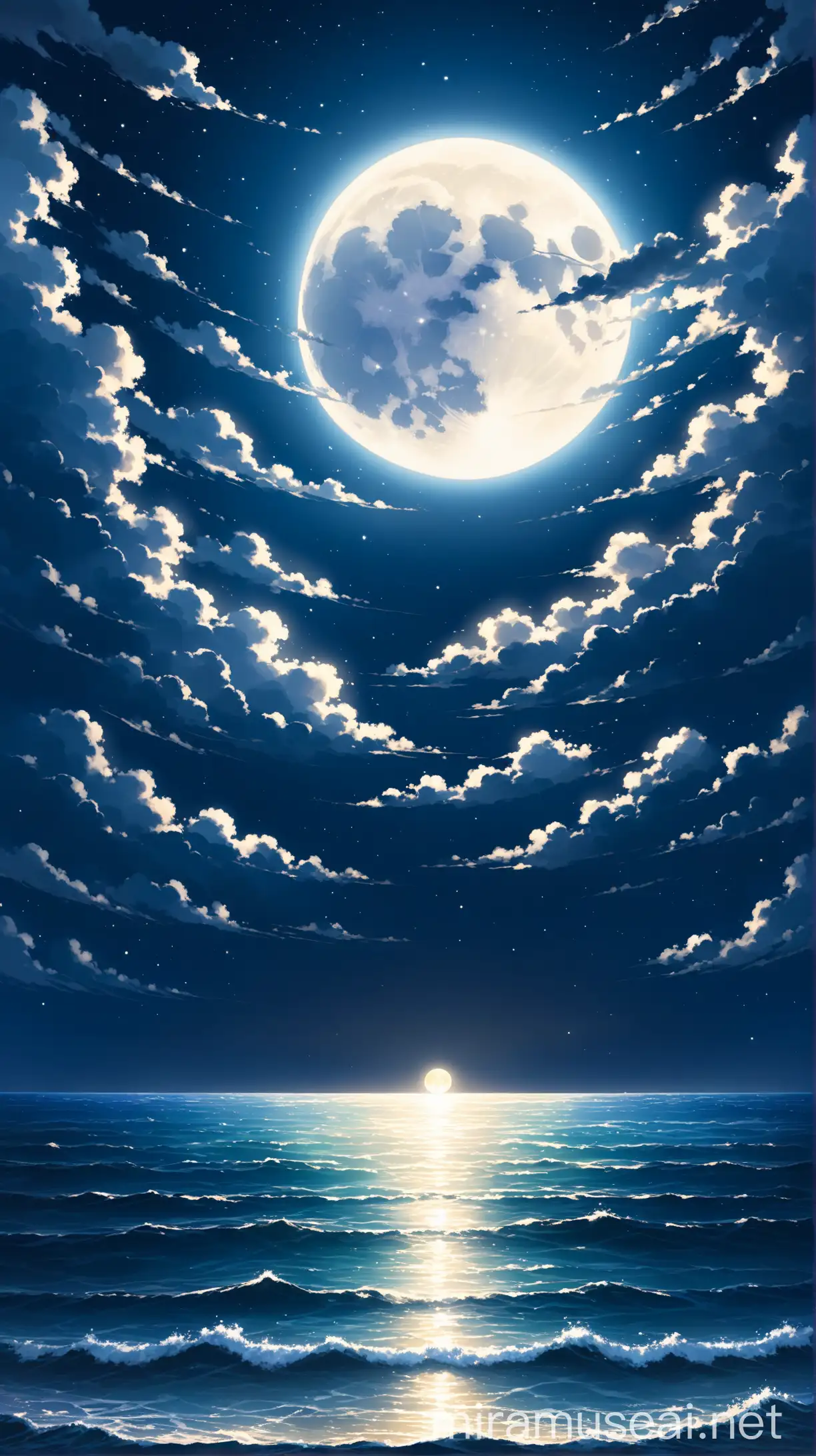 Majestic Full Moon Over Ocean Night Sky