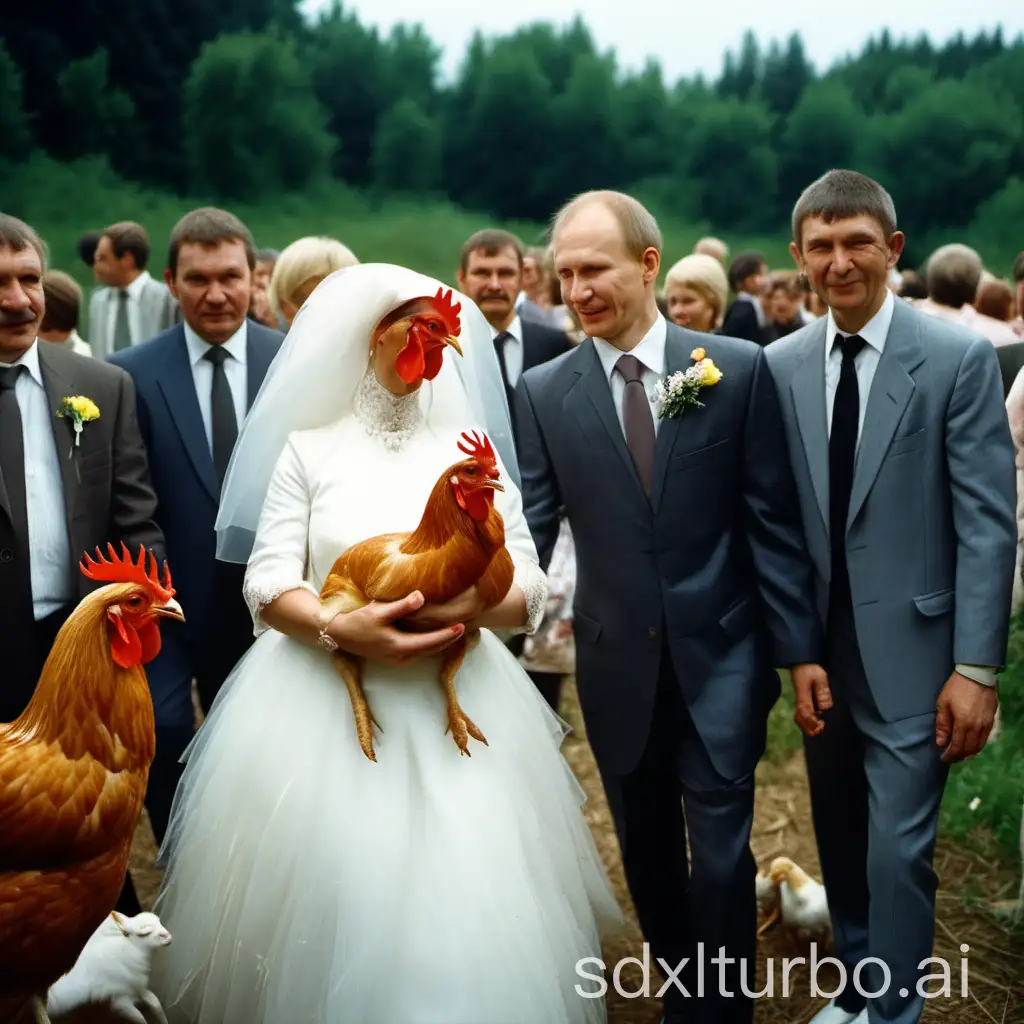 absurdness overdetailed real pentax helios-44m photo of russian post-soviet 1997-1998 90's abstract wedding relatives give the newlyweds a chicken and a goat