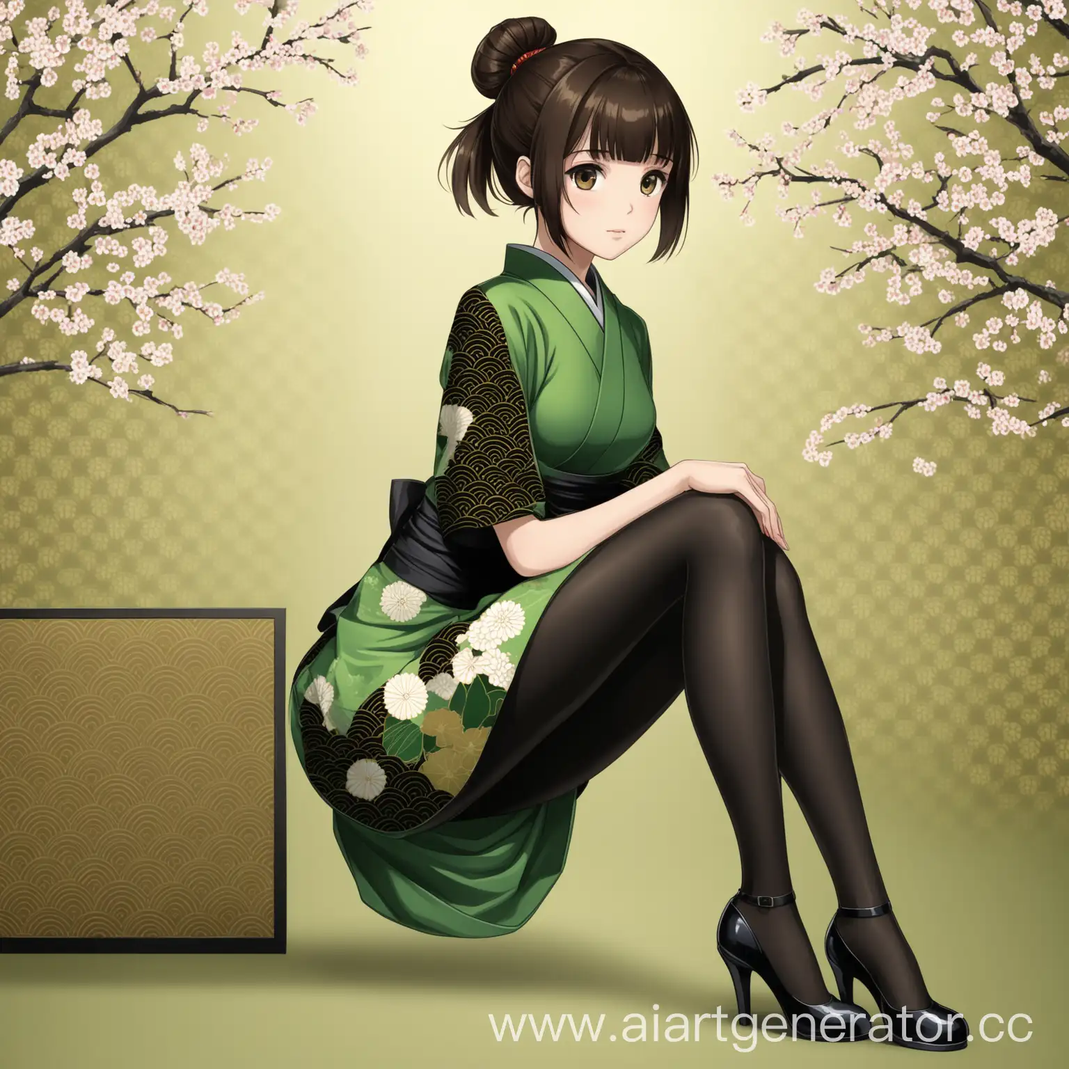 Кареглазая девушка шатенка , волосы в короткий хвостик , в зеленом платье с японским рисунком в черных нейлоновых колготках , в черных туфлях на шпильке