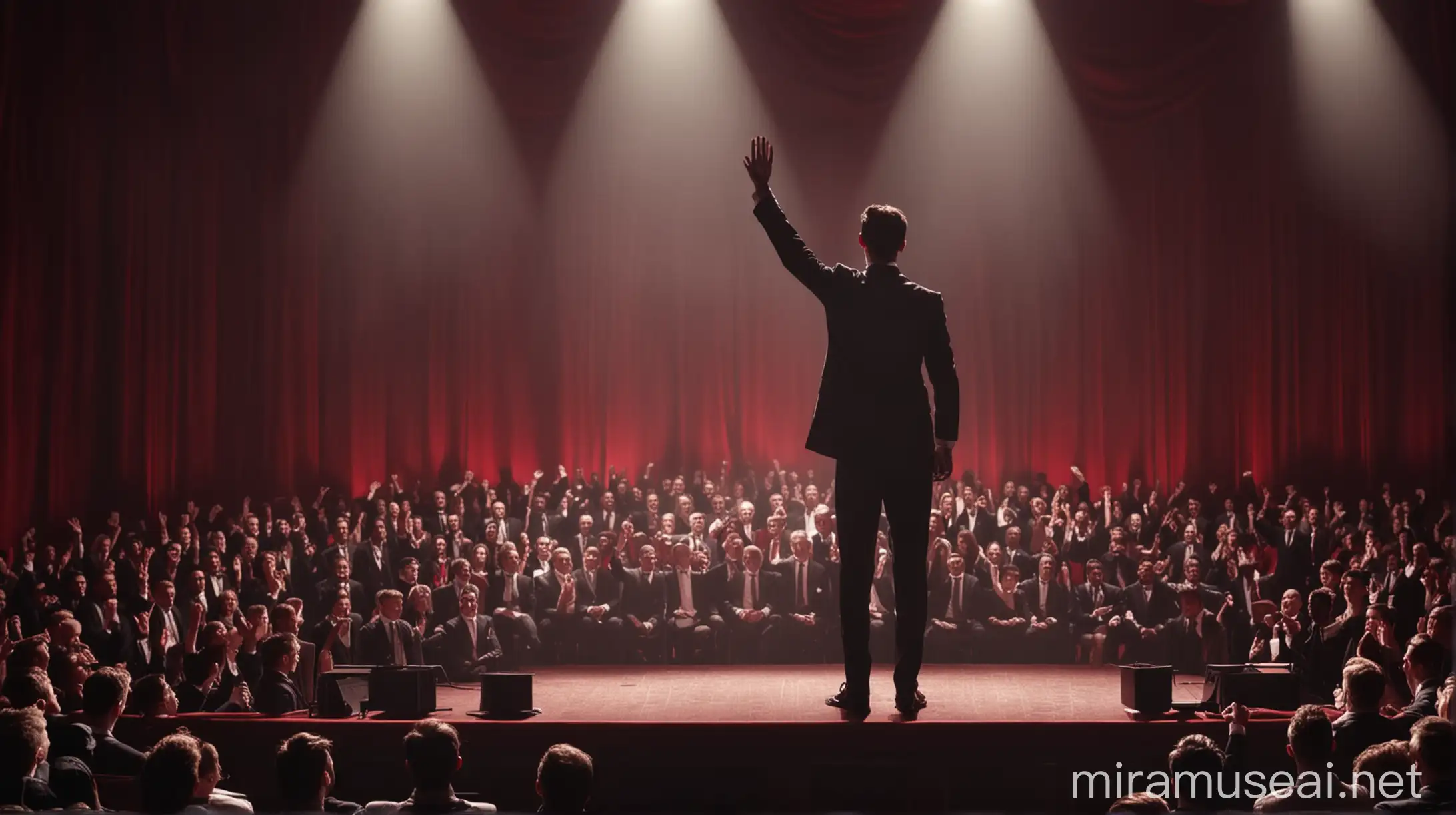 a gentleman with formal clothes stand in the stage and giving speech to the audience with rising hand, in the auditorium full of people, dark red light, highly detailed, 4k