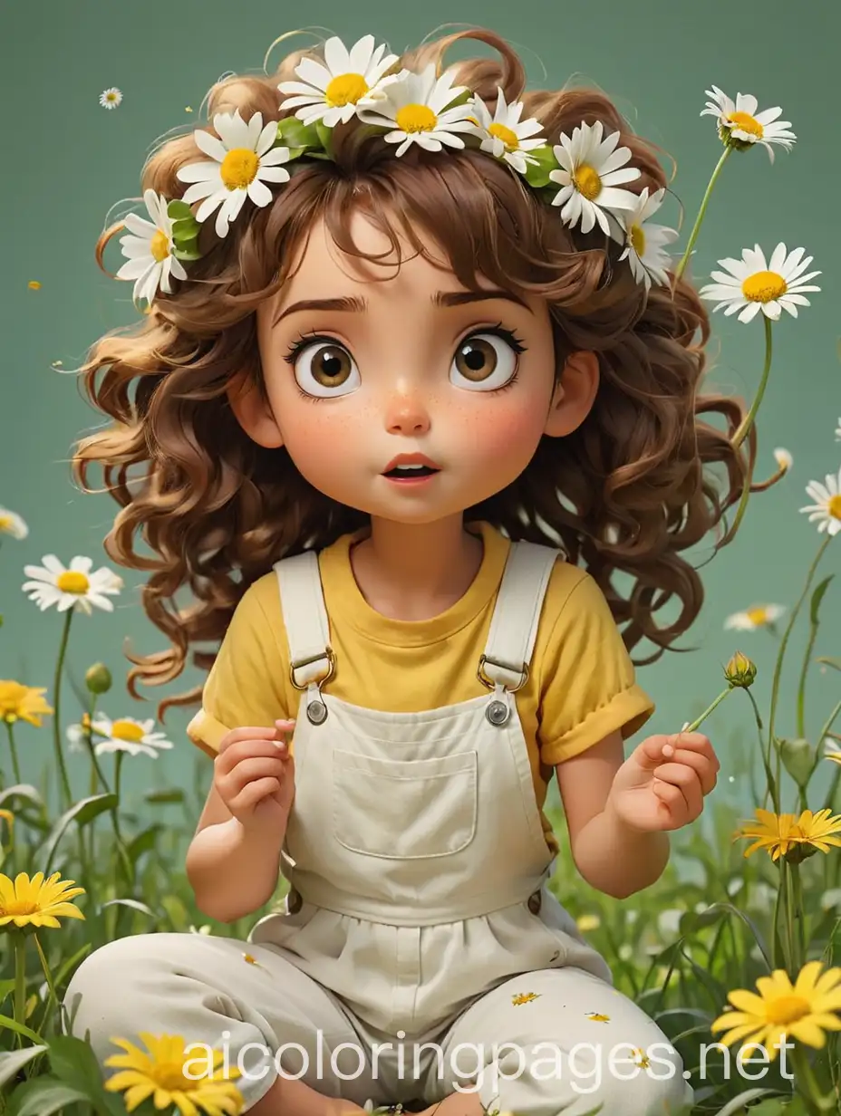 A digitally illustrated young girl with large, expressive eyes and curly brown hair tied up, wears a floral wreath of daisies, a yellow shirt, and white overalls. She kneels and gently blows on a dandelion, releasing seeds into the air. Tiny fairy wings are visible on her back. The word NADA is prominently displayed at the bottom of the image. Various dandelions and their seeds float around her, adding a magical, whimsical feel., Coloring Page, black and white, line art, white background, Simplicity, Ample White Space. The background of the coloring page is plain white to make it easy for young children to color within the lines. The outlines of all the subjects are easy to distinguish, making it simple for kids to color without too much difficulty