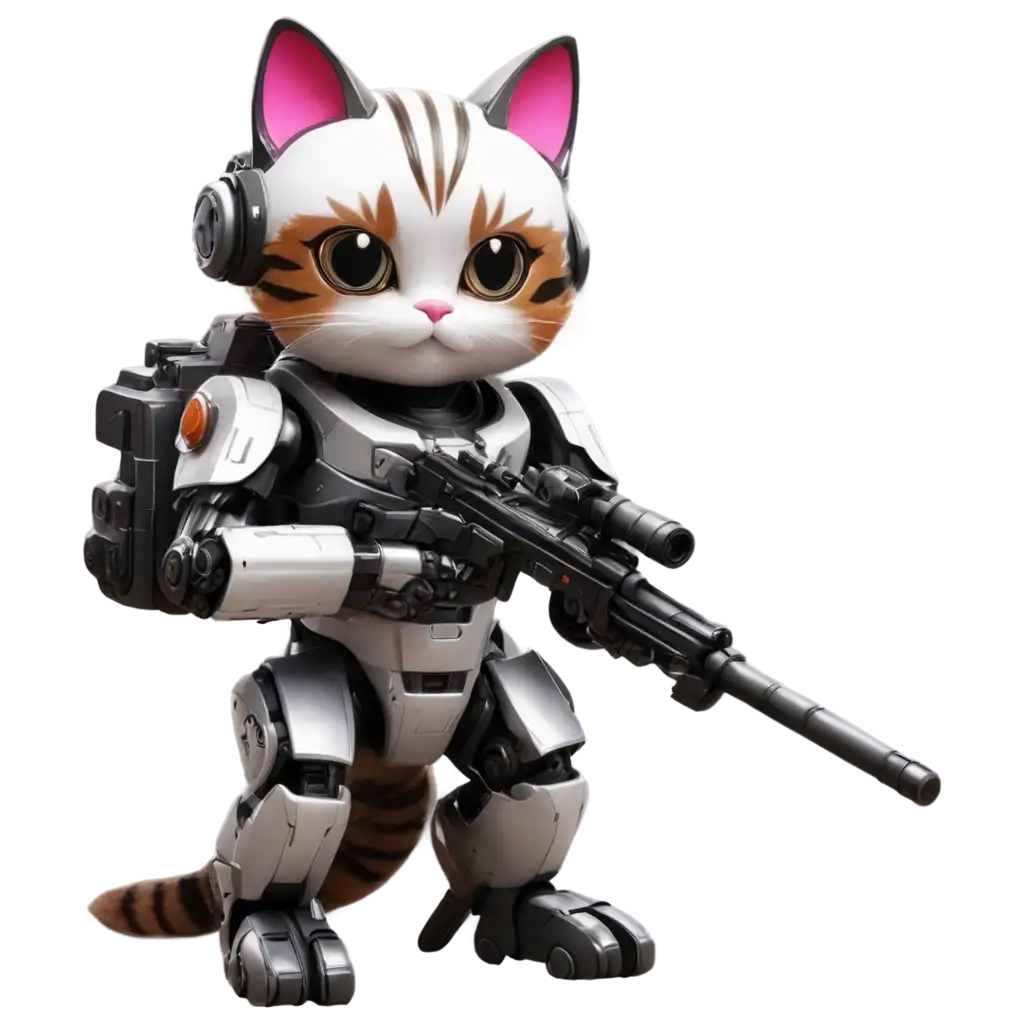 A mecha cat,wearing mecha soldier suit, holding sniper gun, hd, hyper realistic