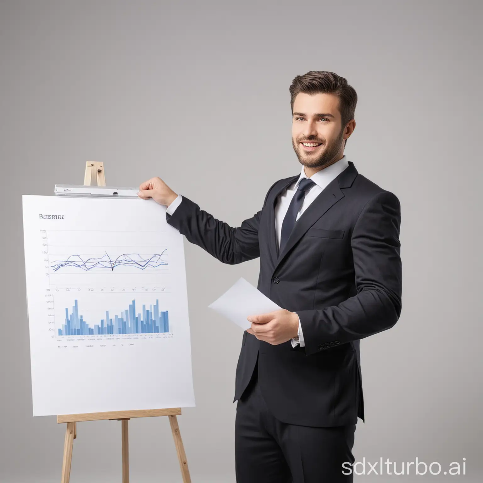 create an image on white background of a businessman presenting results ,
