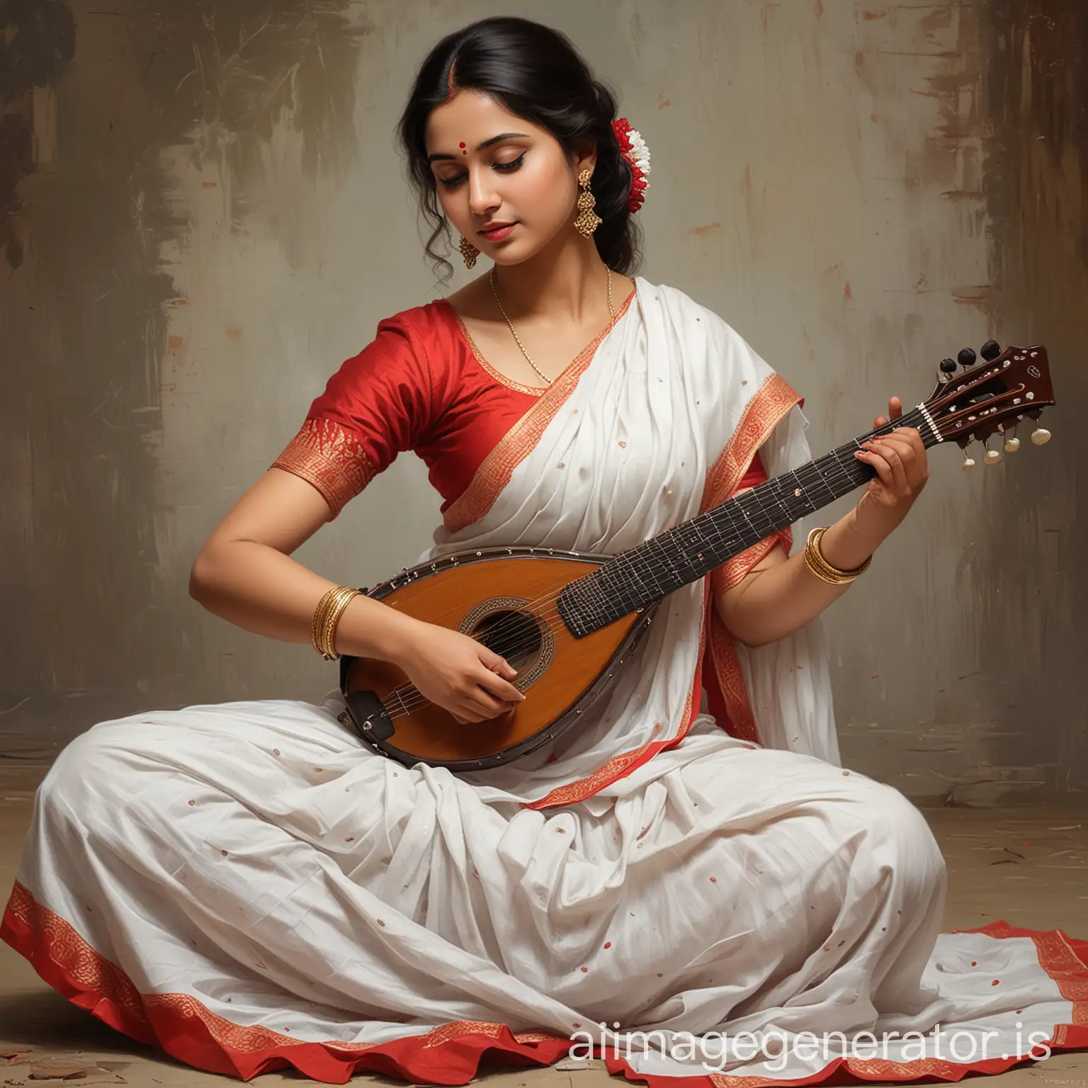 generate a realistic oil painting image of a full figure girl siting with , playing veena wearing a white saree and red blouse
