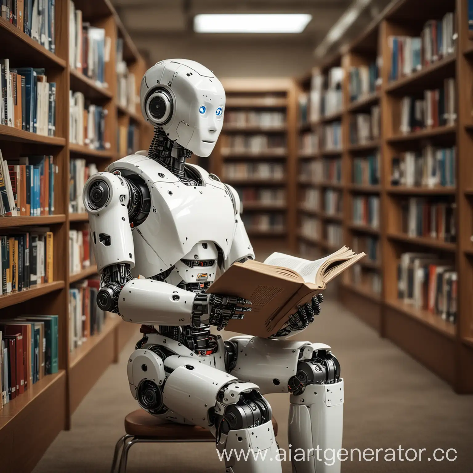 A robot reads a book in the library