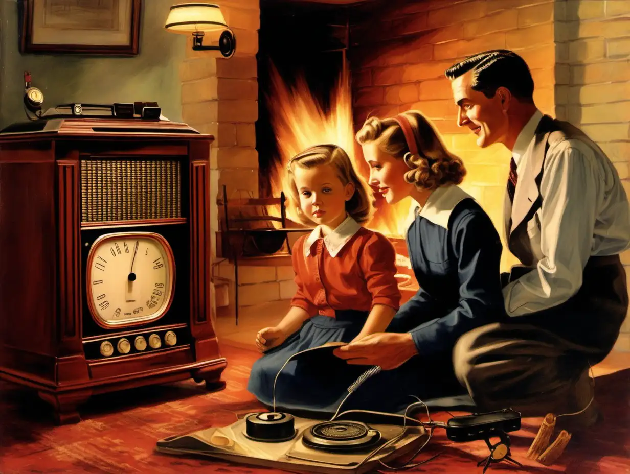 painting of  a mother and a father a young boy and a girl listening an old fashion standup radio  fireplace in background nostalgias from the 1940s