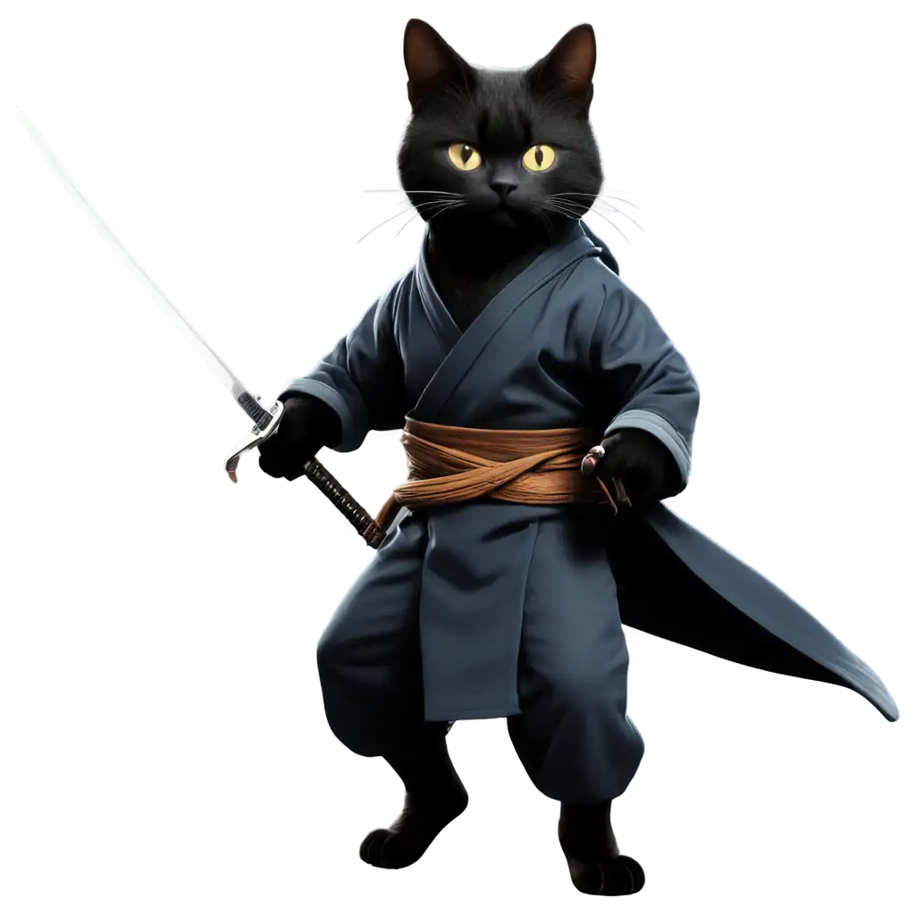 Image of a cat wearing a ninja outfit, holding a sharp sword. flying under the moonlight, with a sharp look and style that looks extremely fast.