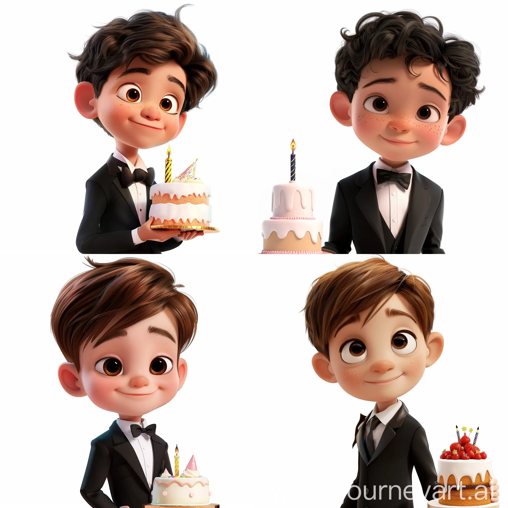 Cartoons a close-up shot of a happy little boy with a birthday cake, looking at the camera, standing tall, in formal attire, white background