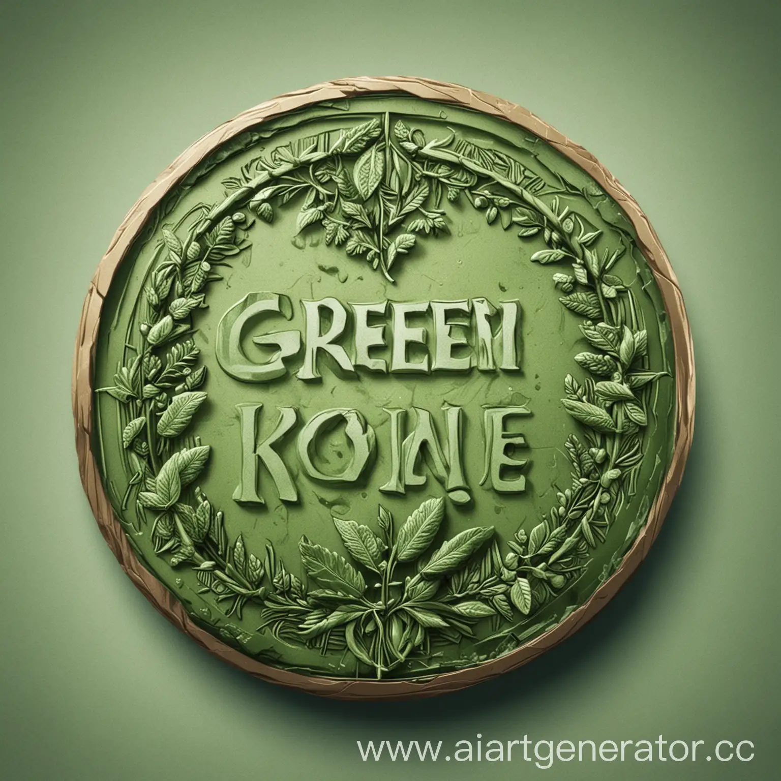 создай  круглую картинку зеленой монетки в 2д стиле на ней должно быть написано "GREENKIREE"