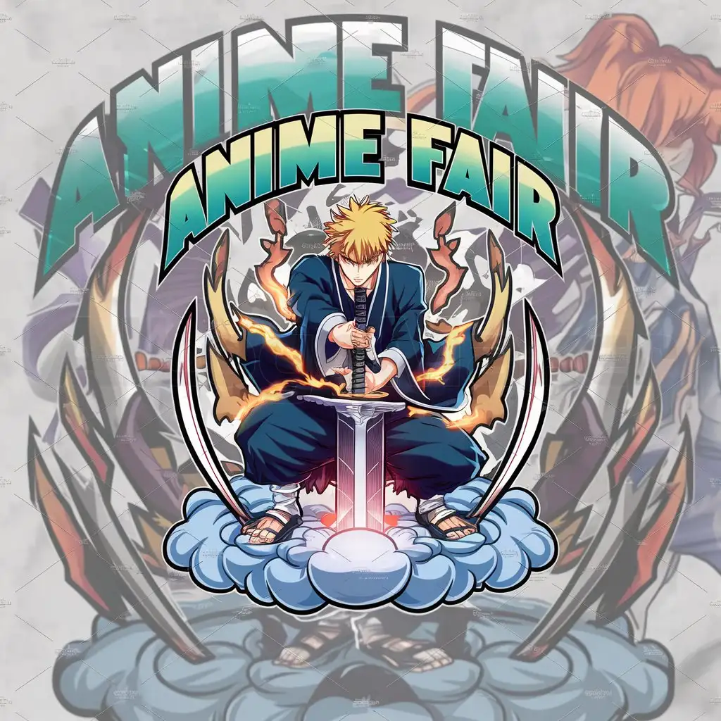 a logo design,with the text "Anime Fair", main symbol:kurosaki ichigo in bankai form,Moderate,be used in Entertainment industry,clear background