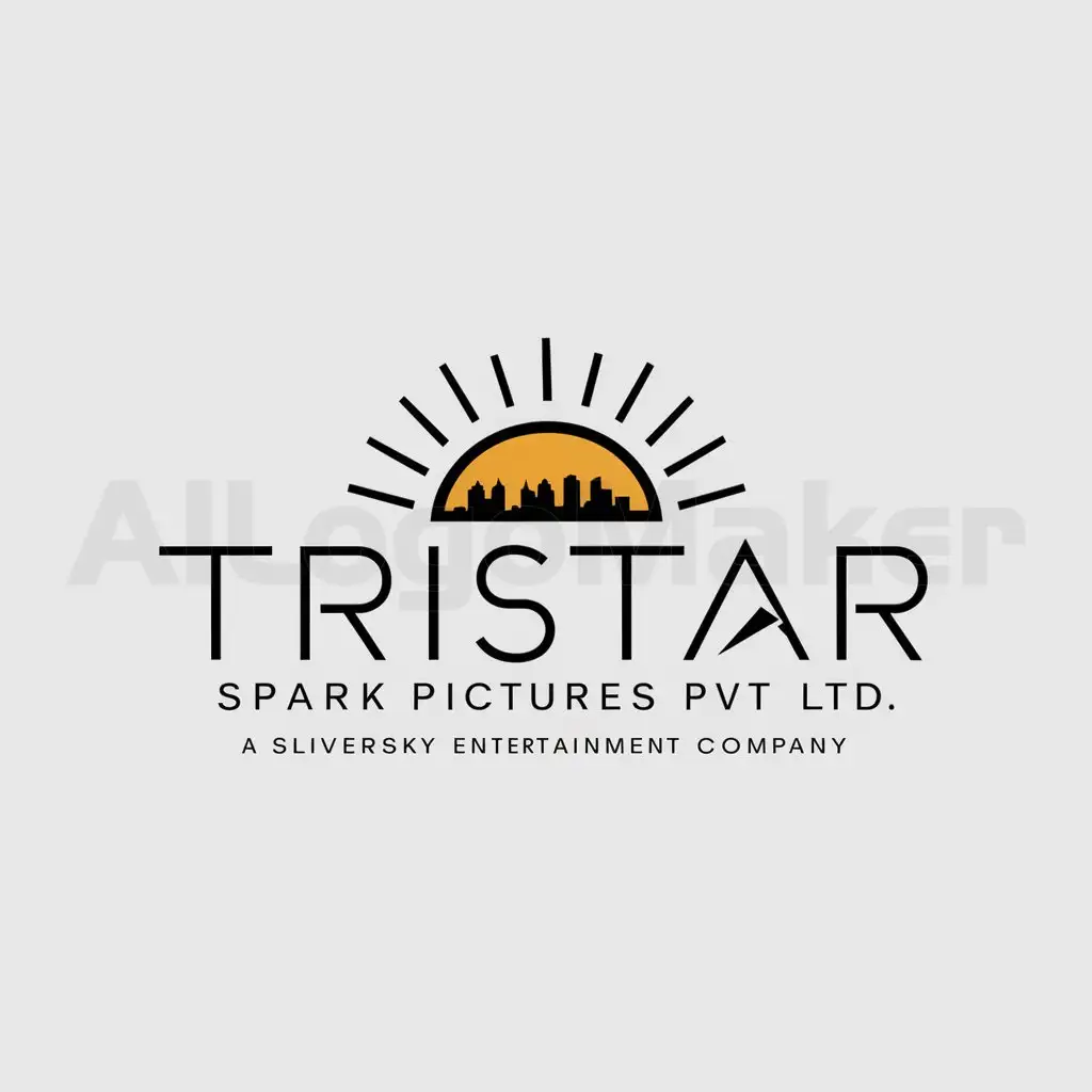 a logo design,with the text "tristar spark pictures pvt ltd", main symbol:sunrise and city letter with t slogan 'a Sliversky entertainment company',Minimalistic,be used in Entertainment industry,clear background