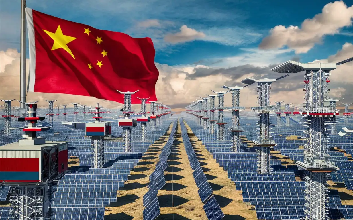China Flag in Solar Park Realistic Landscape of Solar Power Innovation