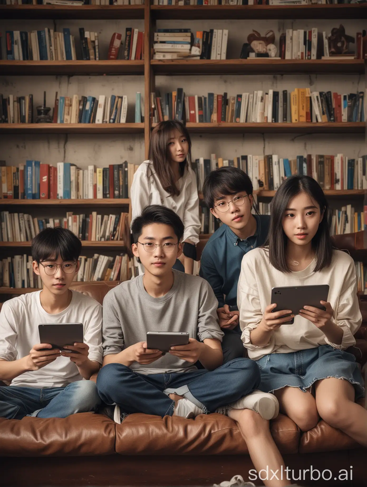 四个青春、充满书卷气的中国少年（两男两女），手里拿着各种高科技电子设备