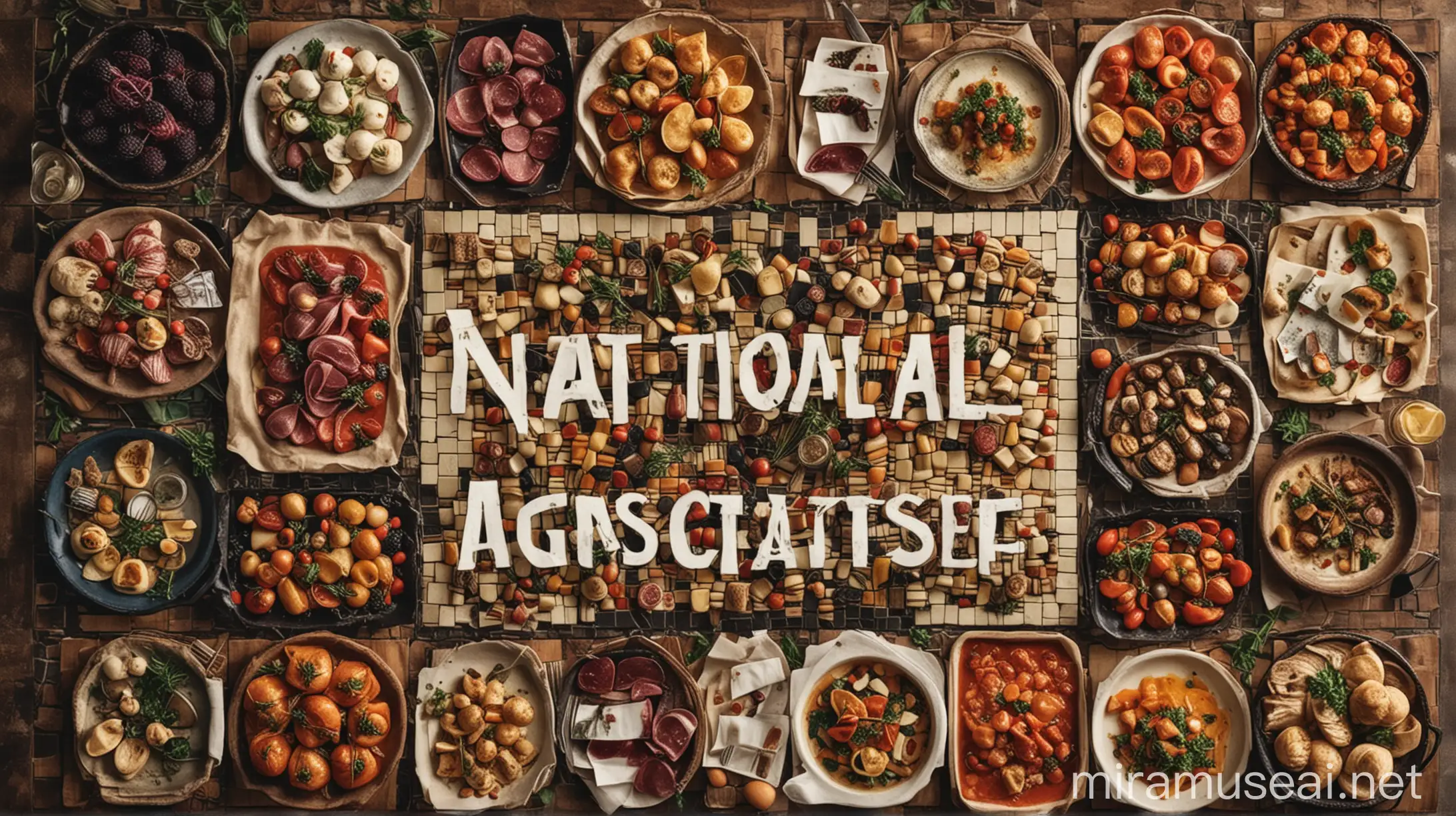 Create a mosaic-style image showcasing promotional visuals for a new AI platform called "National Gastronomy Chef." The image should embody the digital nature of the platform and incorporate elements of Portuguese gastronomy. It should also include various visual elements representing the platform's features, such as creating gastronomic routes, highlighting top restaurants, chefs demonstrating recipe preparation, and food-wine pairing. The image should be devoid of any textual content, relying solely on visuals to convey the message.
