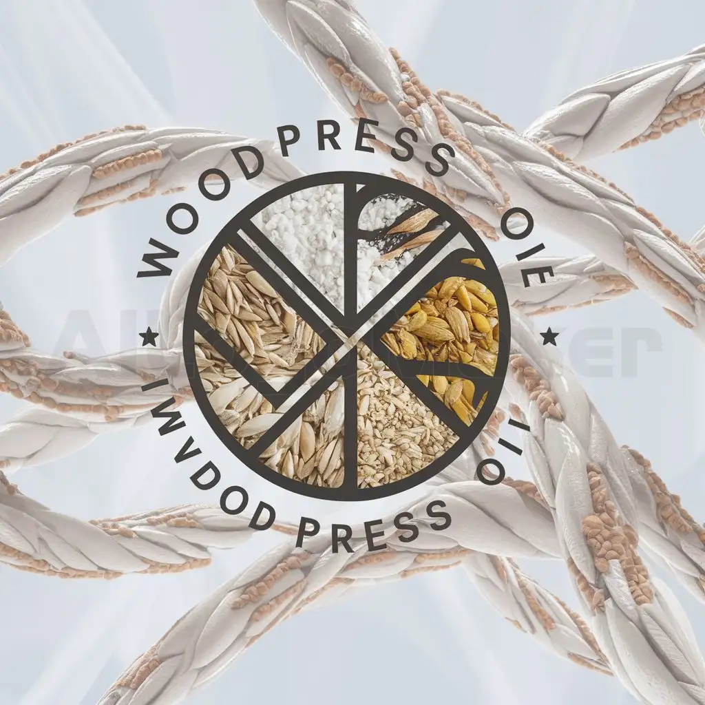 a logo design,with the text "Wood press oil", main symbol:represents oil and also like grains and its flour and pulses,complex,be used in Technology industry,clear background