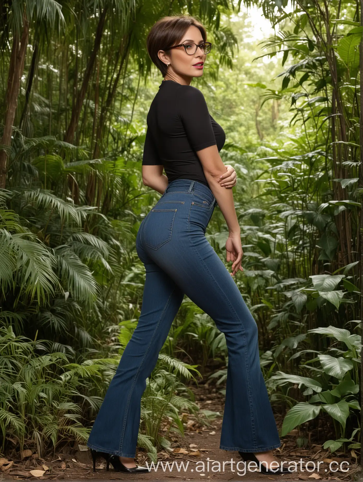 A woman, 40 years old, short brown hair, glasses, high heels, bell bottom tight jeans,  standing in the jungle, plump lips, elegant pose, smooth dark make up, eyeliner, six foot, tight ass, tight legs, skinny jeans, acute angle, zooming girl