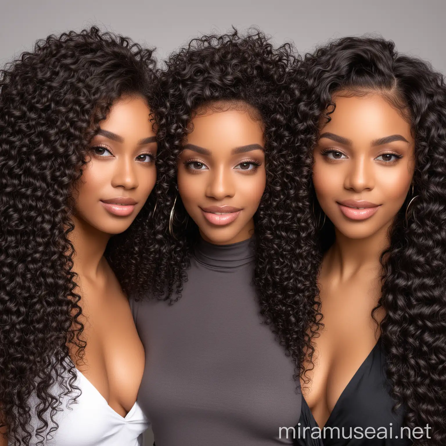 three beautiful black women, each showcasing a different hairstyle: one with luxurious body wave hair, another with voluminous kinky curly hair, and the third with sleek straight hair.