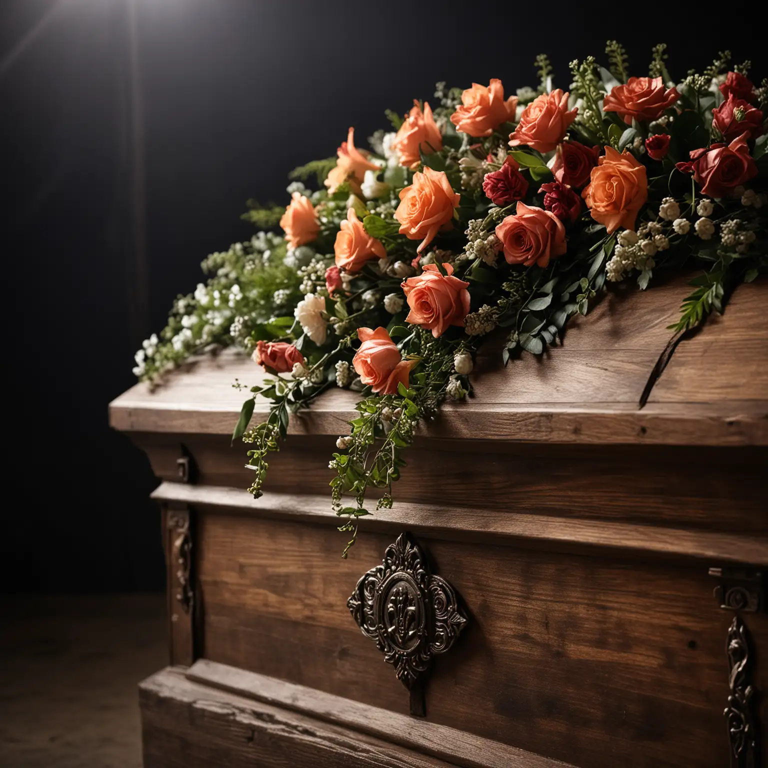 single dark bokeh light source, bouquet of callae on the coffin lid, fragment of modern coffin standing on a catafalque, coffin seen sideways at a sharp angle in perspective, solid blurred dark background