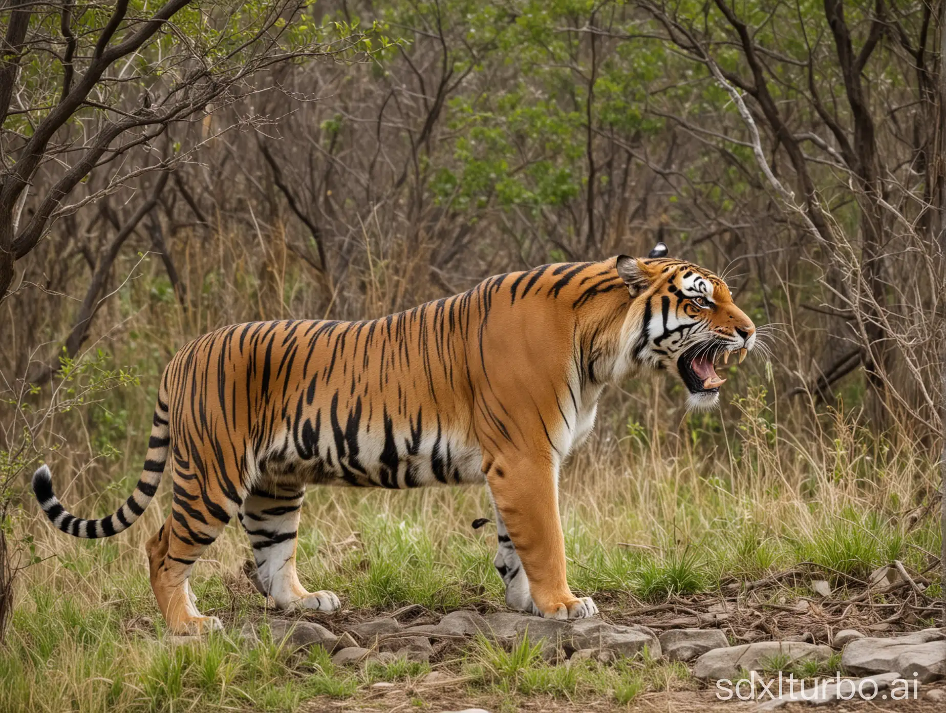 Huge Bengal Tiger Snarling in a rocky trees grassy bushes