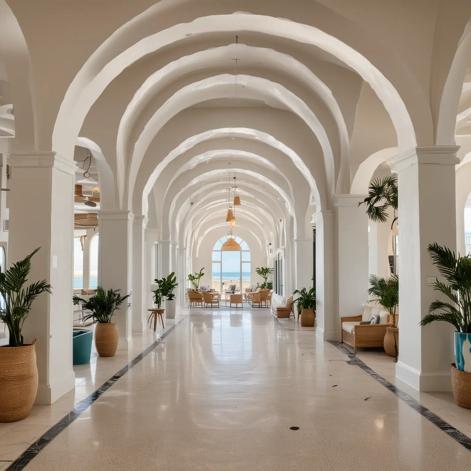 modern chic coastal themed hotel lobby with arches