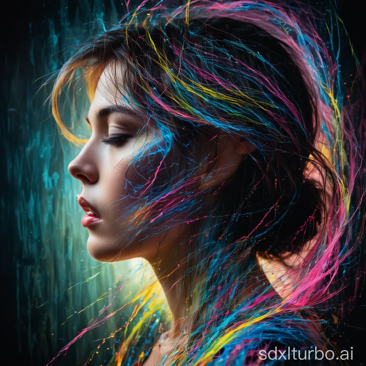 A vibrant abstract portrayal of a woman's profile emerges, enveloped in a kaleidoscope of colorful streaks and lines. Predominantly pink, blue, yellow, and green hues create an ethereal aura, while contrasting against the dark background. The dynamic composition accentuates the silhouette, capturing the viewer's attention with its striking contrast and vivid energy.