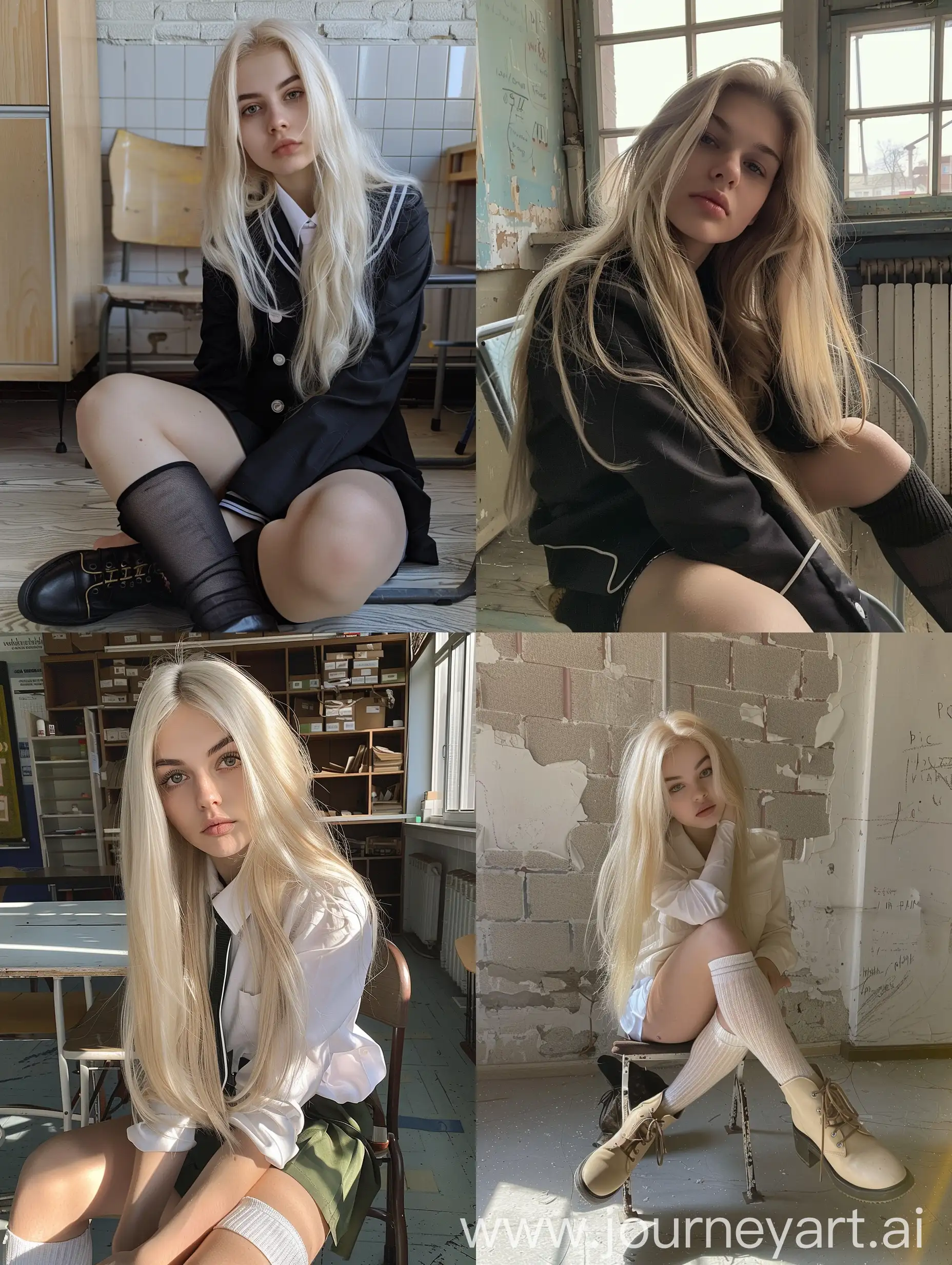 1 Ukrainian girl, long blond hair , 22 years old, influencer, beauty , in the school ,  school  uniform , makeup, floor view, sitting on chair , socks and boots, no effect, selfie , iphone selfie, no filters , iphone photo natural