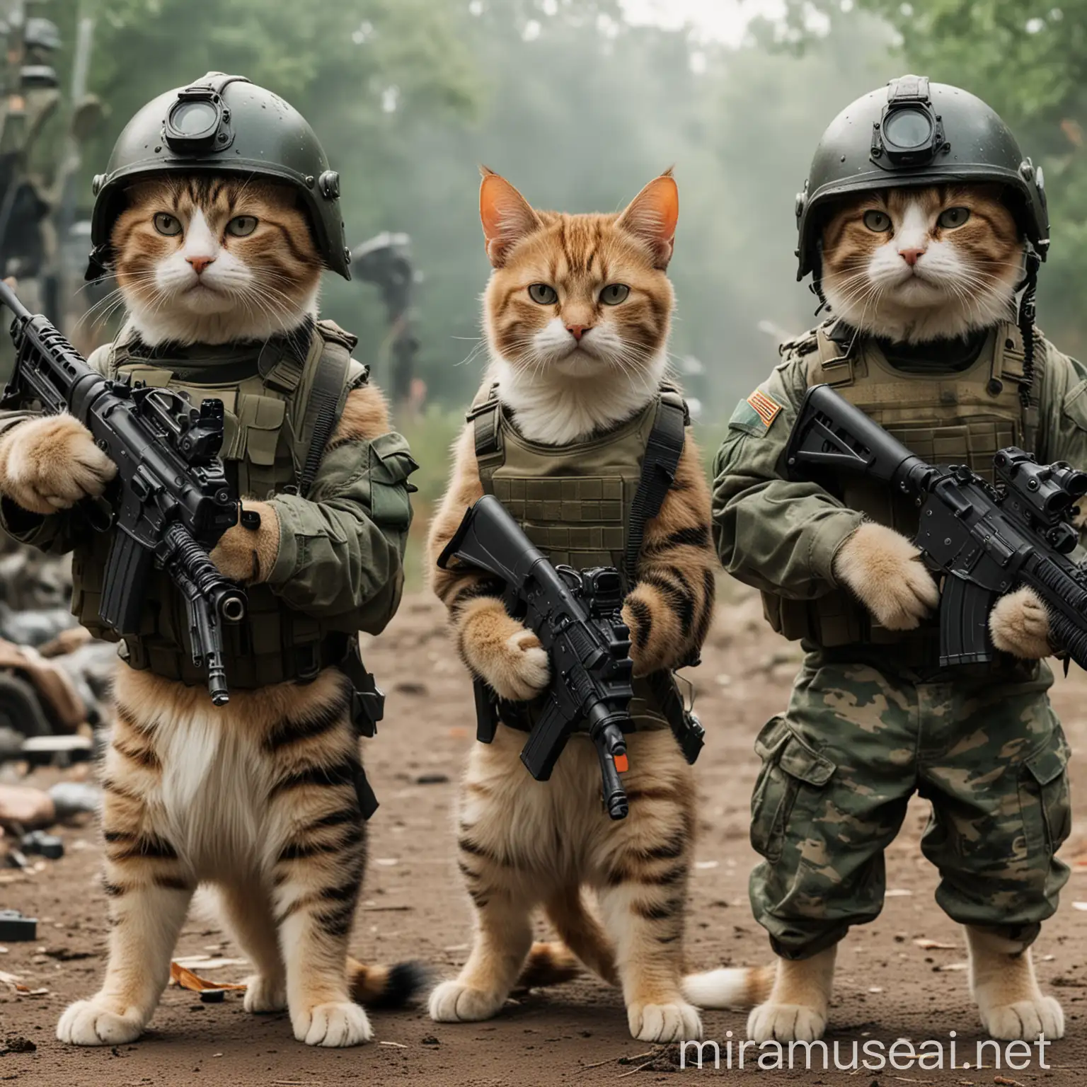 a 90s movie scene with 2 military cats with guns on them, and one with a military helmet on