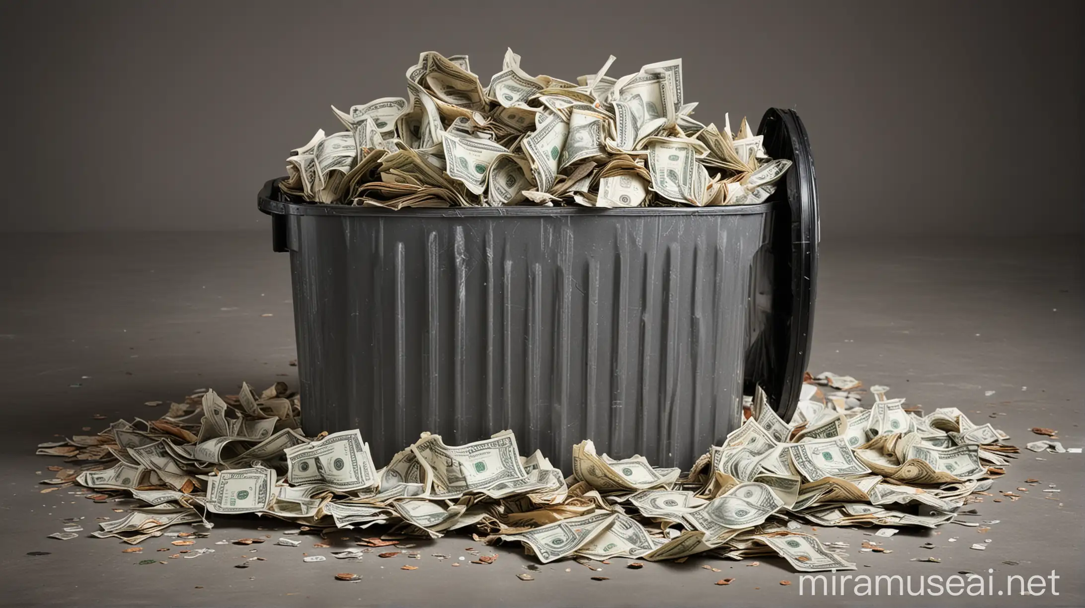Side view of trash can full of crumpled up and discarded money