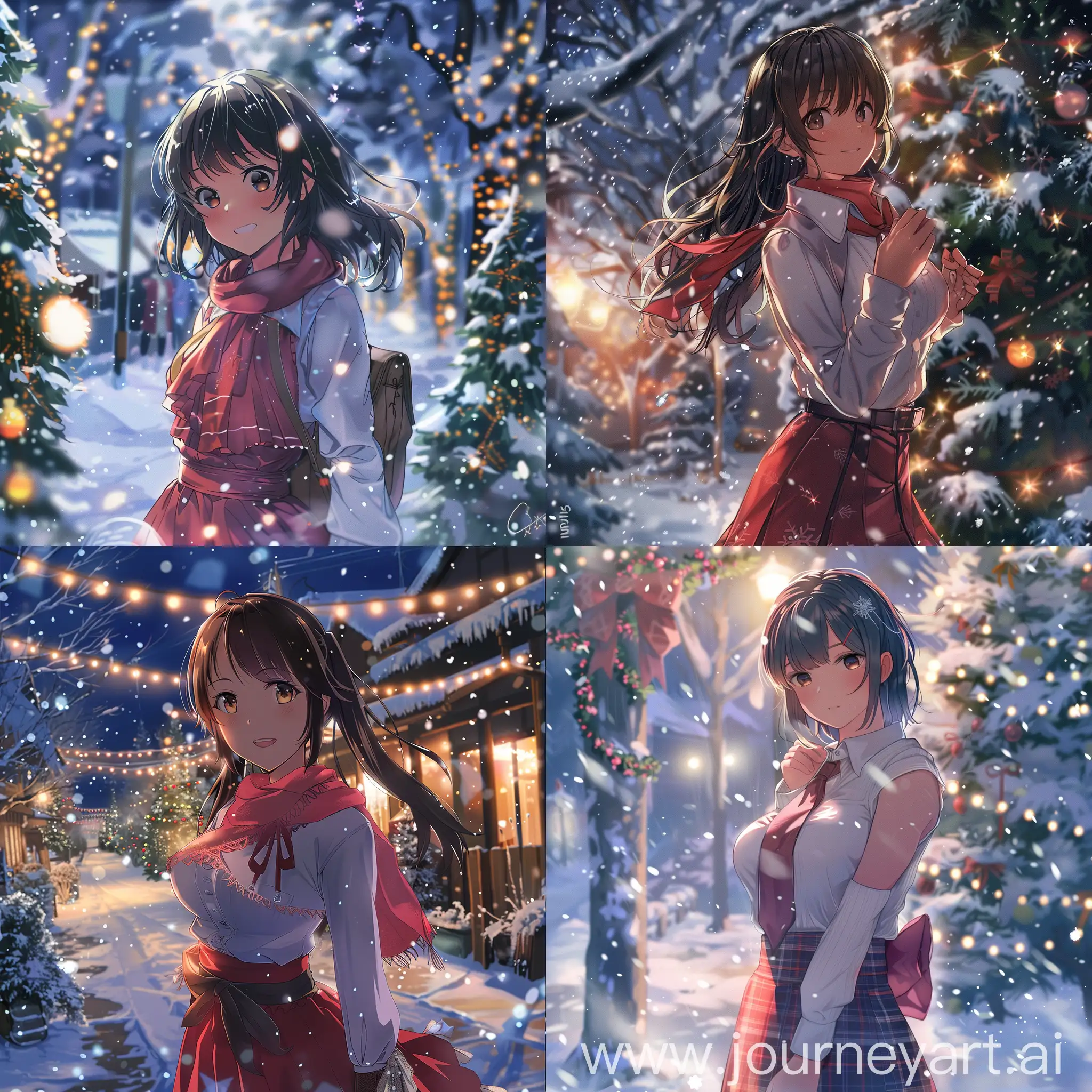 Ichinose light novel illustration, ichinose from classroom of the elite light novel,classroom of the elite light novel ichinose honami illustration,(masterpiece),Tomose art style, (best quality:1.4, high quality:1.4, scenery, highres, intricate shirt), outdoors, snow, snowing, snowflake, christmas, Christmas tree, night view, 1girl, solo, solo focus, medium breasts, (upper body, looking at viewer), closed eyes, smile, red dress, blouse, white shirt, pink scarf, ichinose honami, <lora:ichinose_honami2-000003:0.8>, 