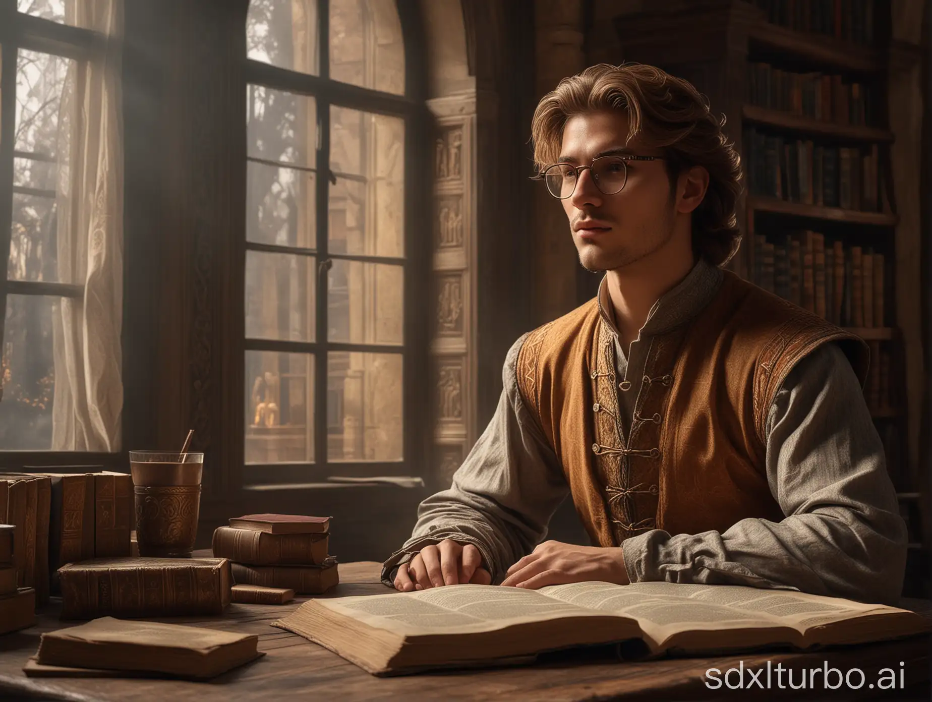 A handsome medieval man about 20 years old with long light brown hair and brown eyes with glasses wearing a rich medieval outfit, surrounded with old books in the ancient library, sits near a window with a curtain fluttering in the breeze, perfect composition, beautiful detailed insanely detailed octane render trending on artstation, 8 k, photorealistic concept art, soft natural volumetric cinematic perfect light, chiaroscuro, masterpiece, greg rutkowski