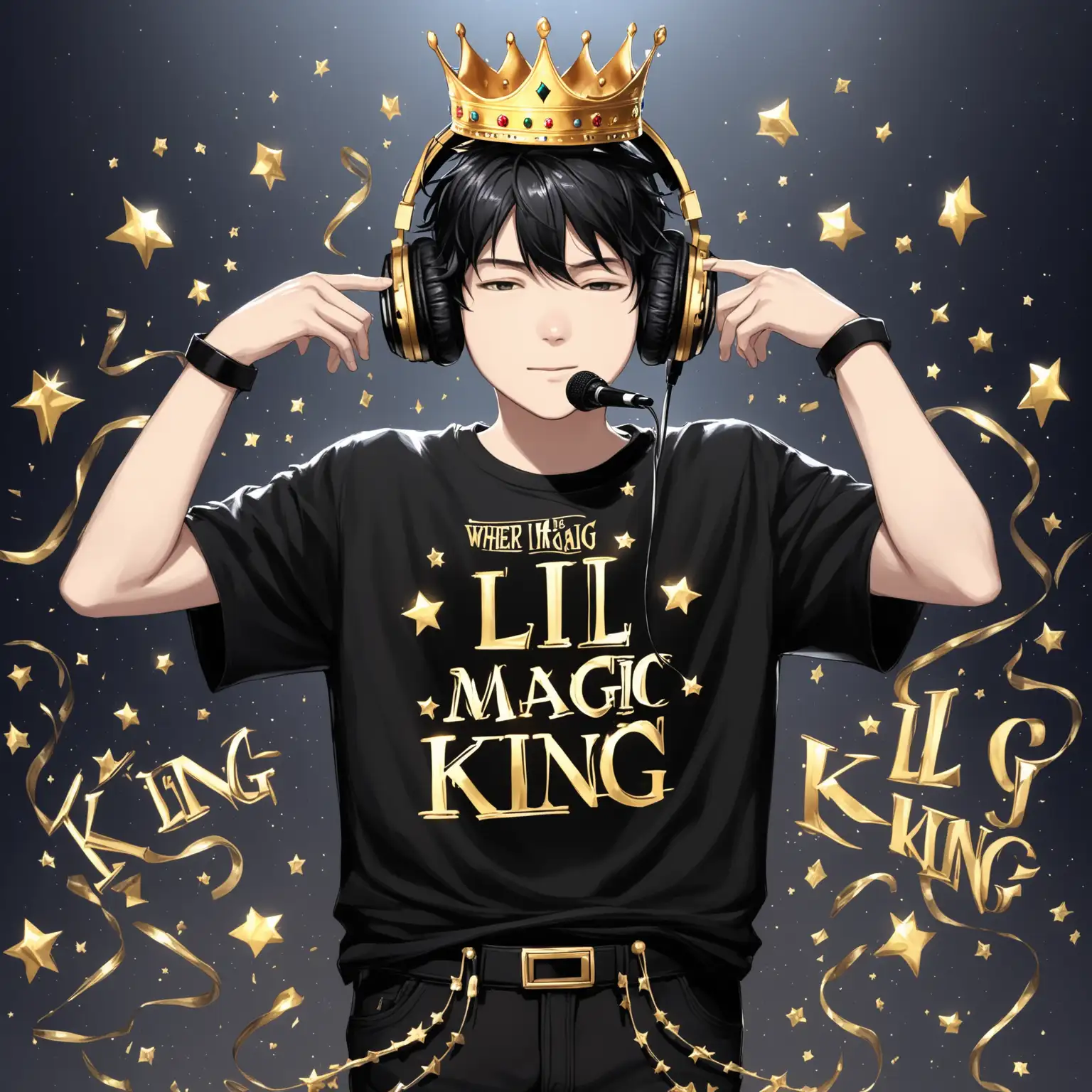 Streamer de chico completo, camiseta negra donde tiene escrito "Lil Magic Rey" una corona dorada, pantalones negros, cascos negros, micrófono negro