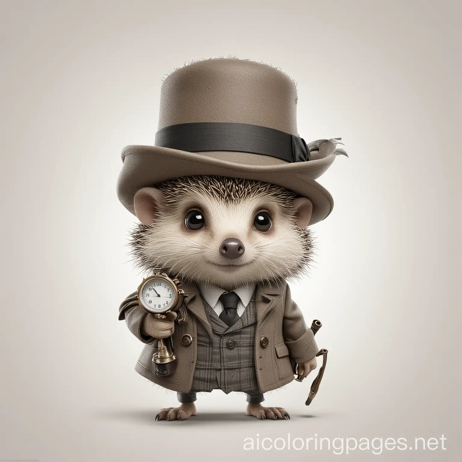 An adorable hedgehog detective dressed like Sherlock Holmes, large eyes, Coloring Page, black and white, line art, white background, Simplicity, Ample White Space. The background of the coloring page is plain white to make it easy for young children to color within the lines. The outlines of all the subjects are easy to distinguish, making it simple for kids to color without too much difficulty