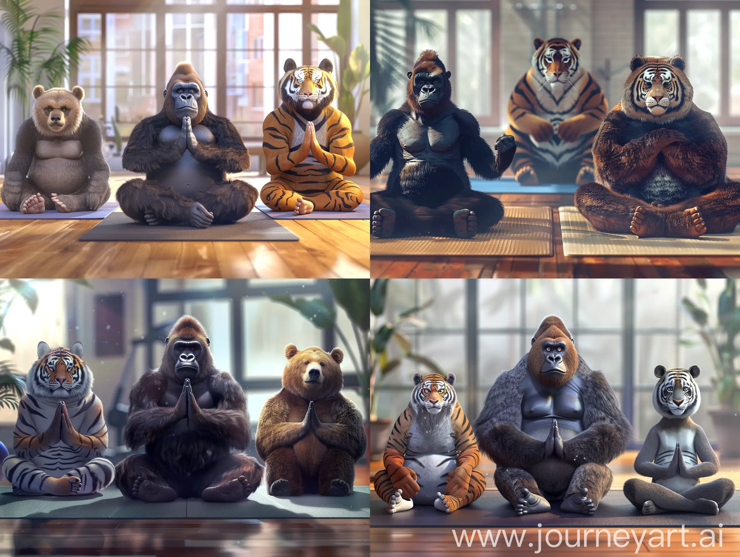 Funny-Gorilla-Tiger-and-Bear-Meditating-Together-at-Gym