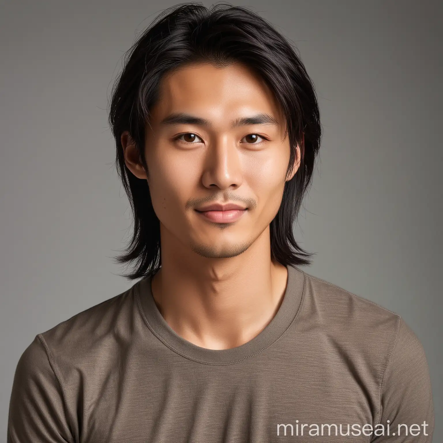 Asian Male Portrait with Long Black Hair and Gentle Smile in Studio Lighting