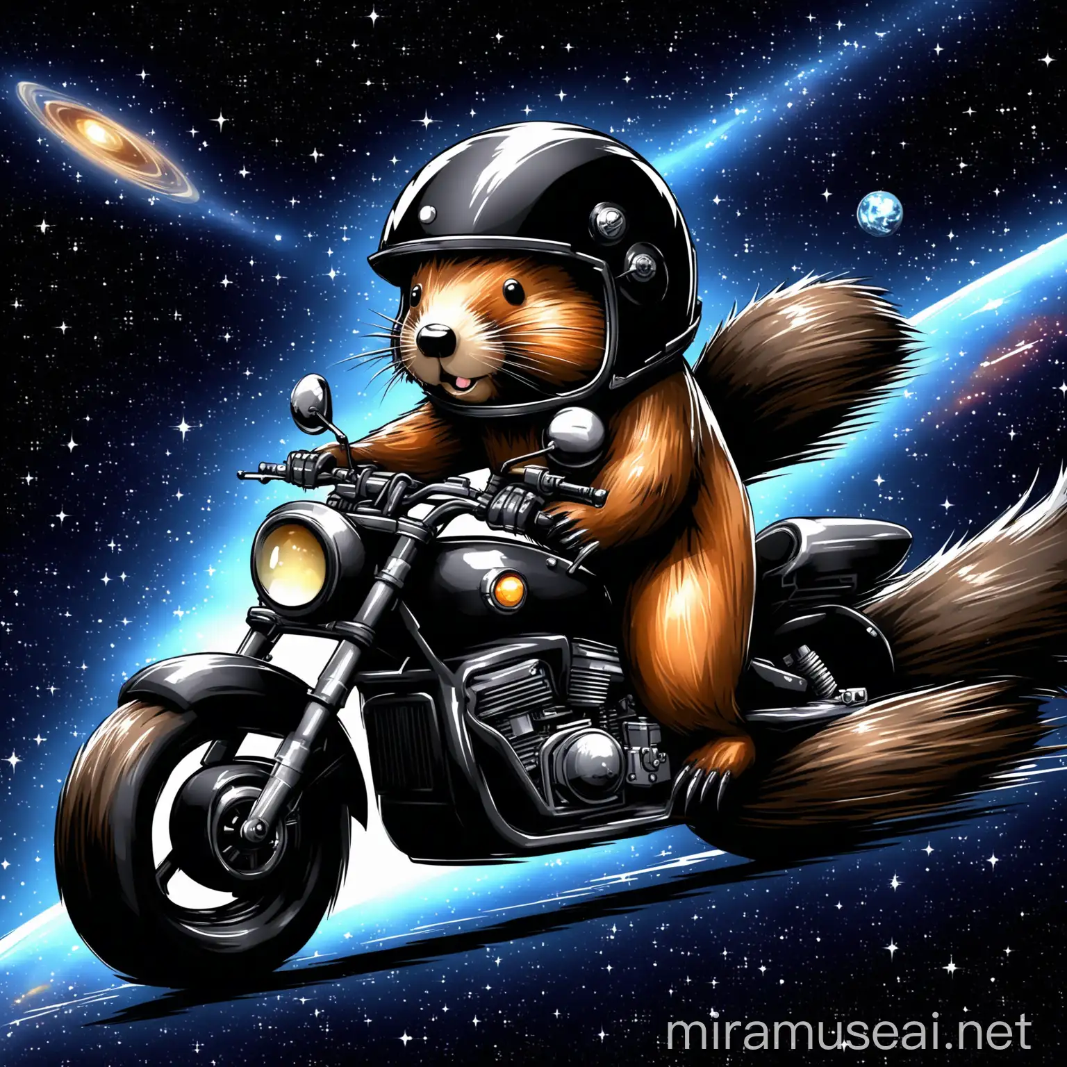Beaver in Cool Motor Helmet on Cosmic Black Motorcycle