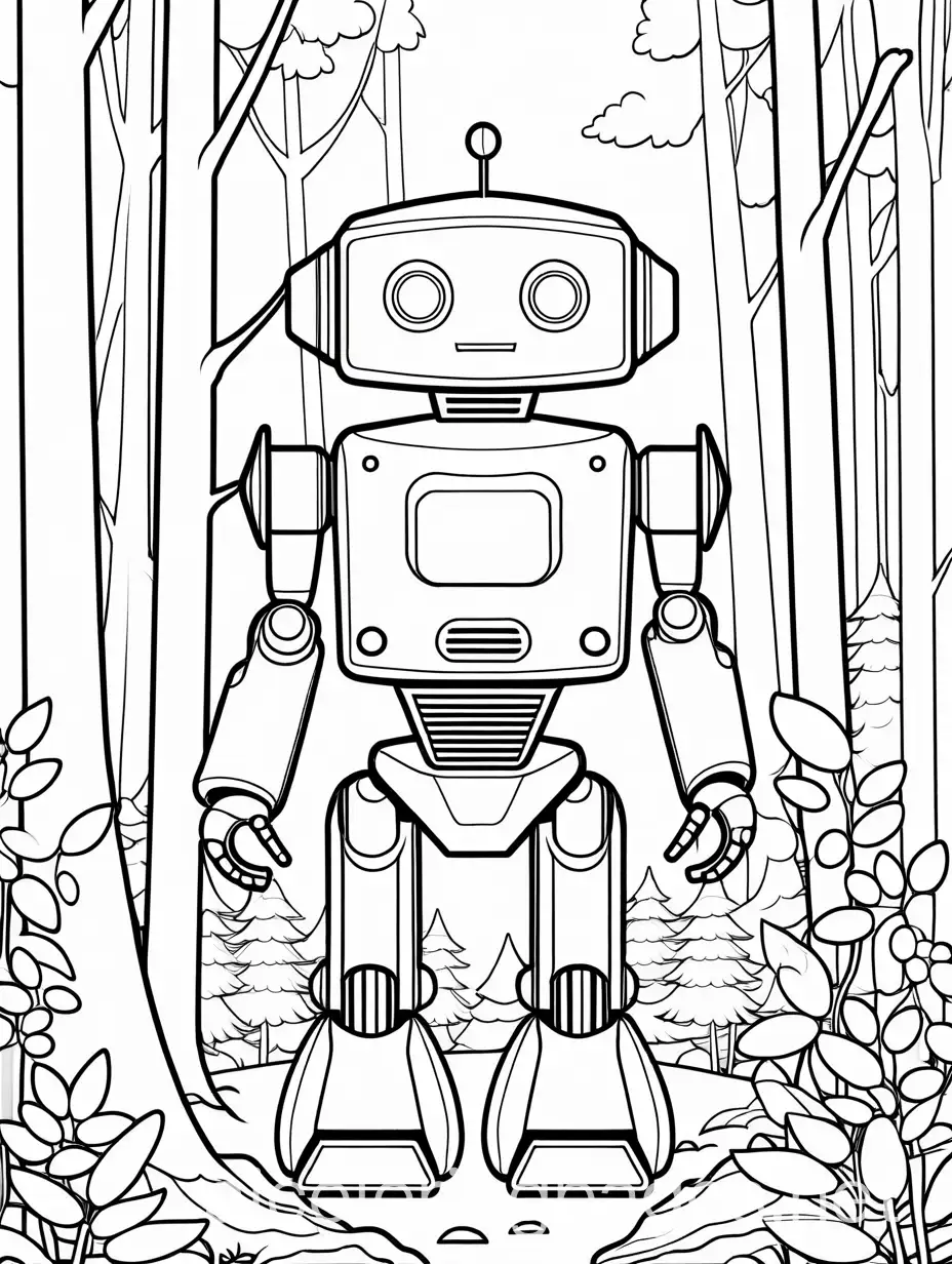 Cute robot in forest , Coloring Page, black and white, line art, white background, Simplicity, Ample White Space. The background of the coloring page is plain white to make it easy for young children to color within the lines. The outlines of all the subjects are easy to distinguish, making it simple for kids to color without too much difficulty