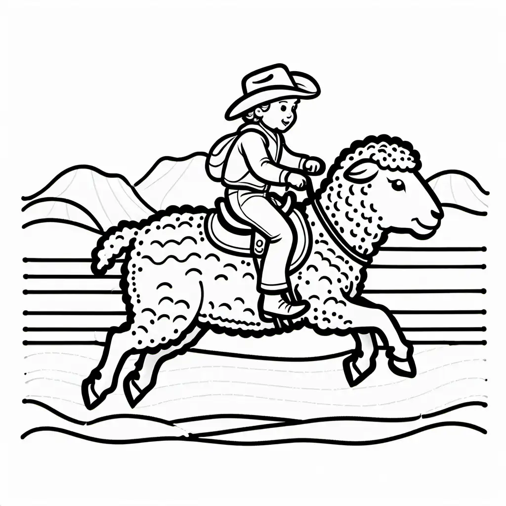 CHILD RIDING A SHEEP AT RODEO COLORING BOOK STYLE LIGHT LINES IN RODEO ARENA, Coloring Page, black and white, line art, white background, Simplicity, Ample White Space.