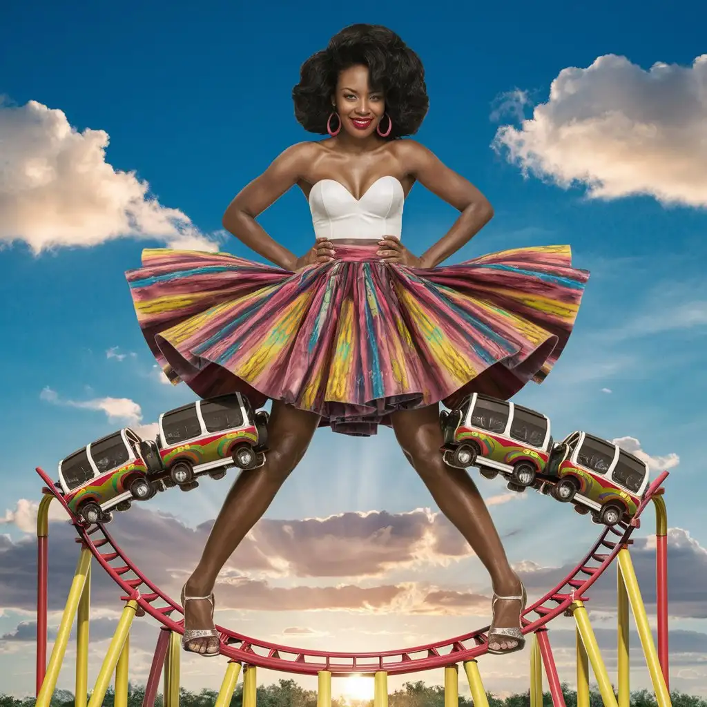 black woman with skirt on with a roller coaster between her legs