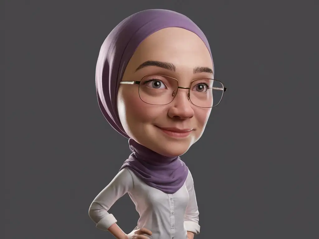 Hyperrealistic 3D cartoon with a big head. A 35 year old Indonesian women. Tall, slightly thin body, oval face shape. Wearing glasses, oval chin, handsome, slightly round eyes, clean white skin, faint smile. Wearing a purple hijab. Wearing a white shirt. Body position is clearly visible. Grey solid background. Use soft photography lighting, hair lighting, top lighting, side lighting. Highest quality photos.