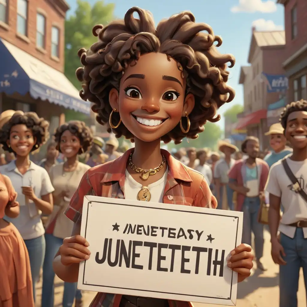 cartoon-style juneteenth holding a sign smiling
