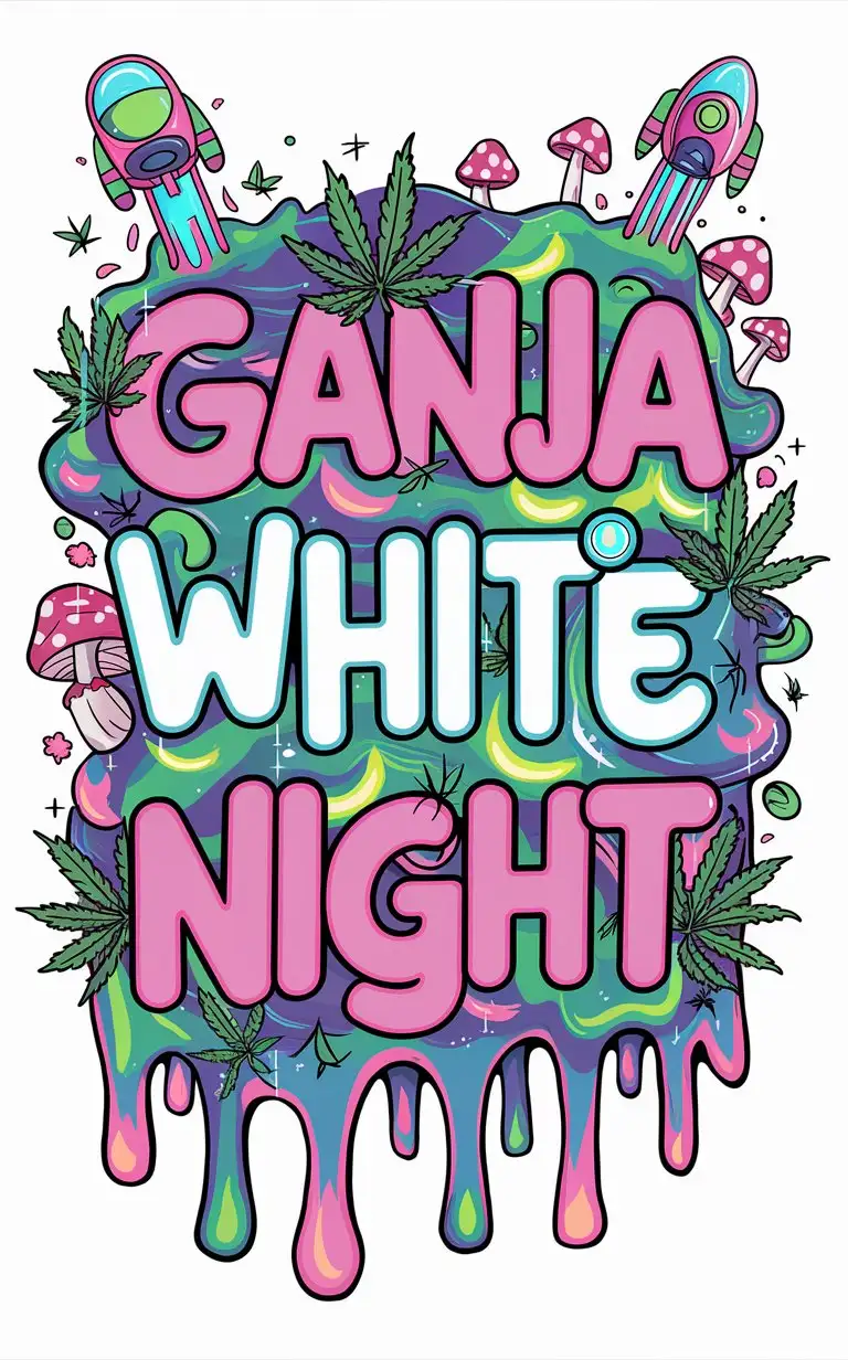 the words "Ganja White Night"  in a background in a cute font and colorful drippy slime with bright neon girly colors and weed leafs and mushrooms and space ships in a drippy circle
