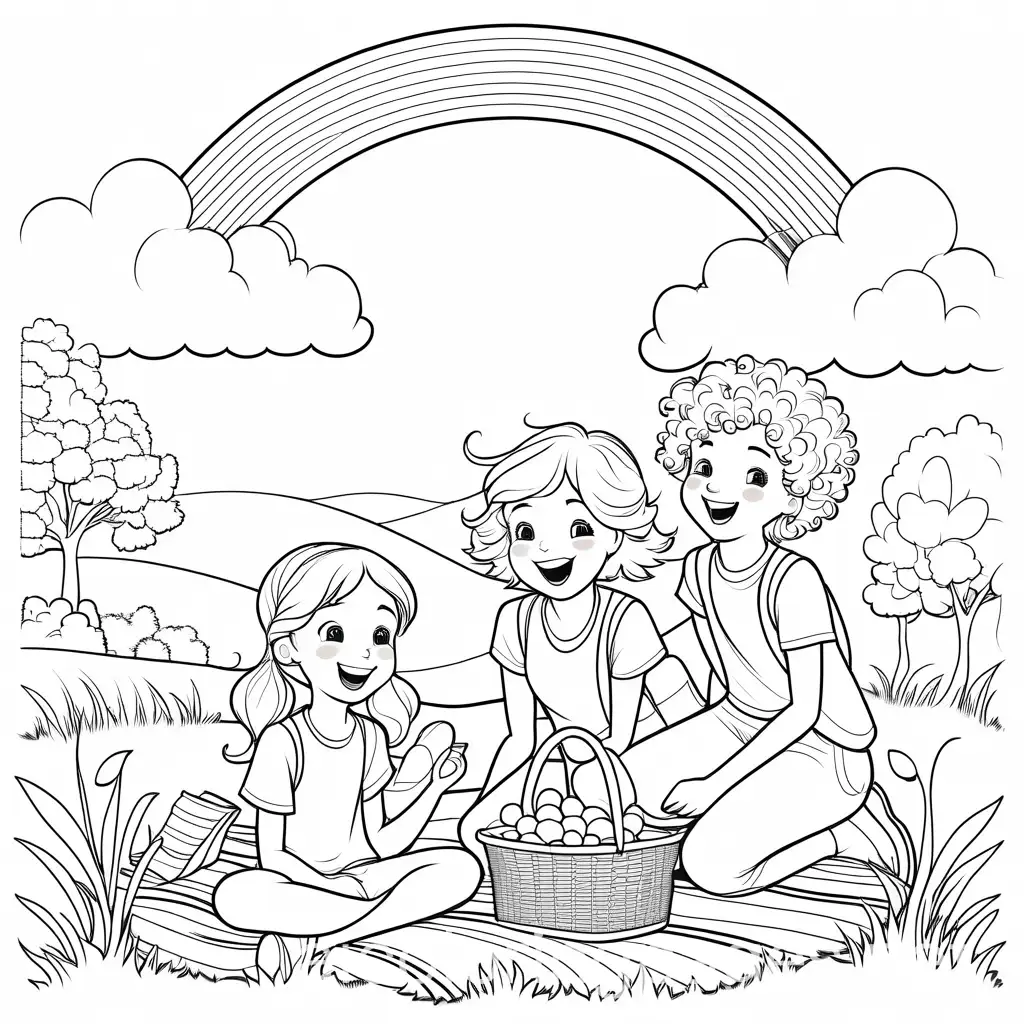 little boy with blonde curly hair and a little girl with straight blonde hair laughing as they have a picnic with a rainbow in the background, Coloring Page, black and white, line art, white background, Simplicity, Ample White Space. The background of the coloring page is plain white to make it easy for young children to color within the lines. The outlines of all the subjects are easy to distinguish, making it simple for kids to color without too much difficulty