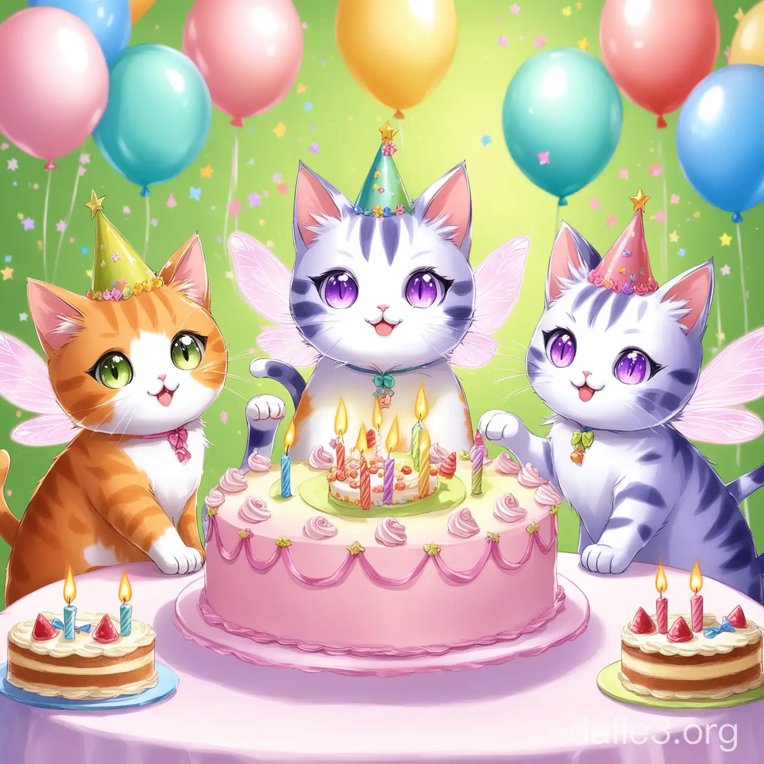 3 fairy cats having a birthday party with cat shaped cake 